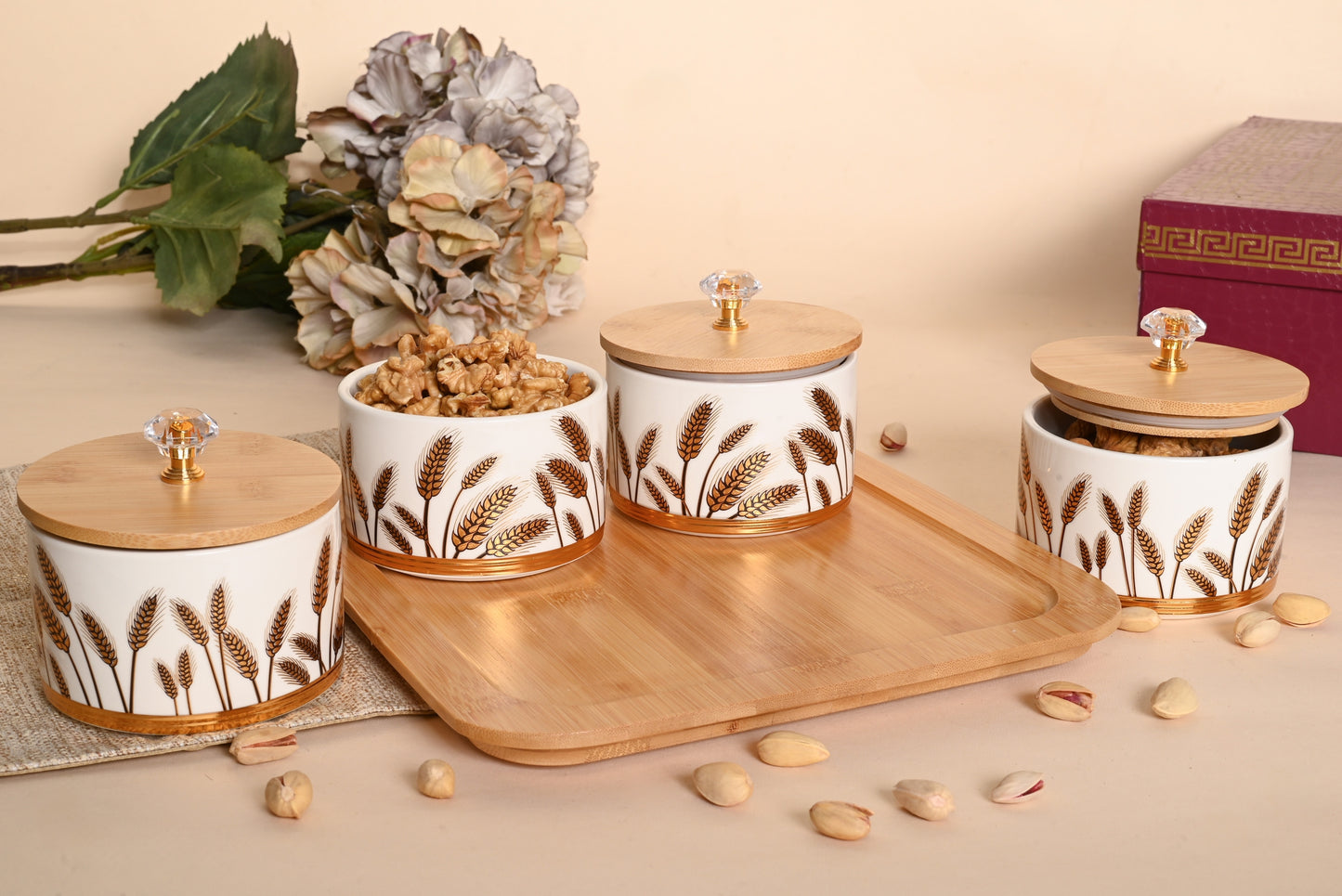 Rustic Harvest Dry Fruit Jar Set with Wooden Tray – Elegant Serveware & Gifting Set