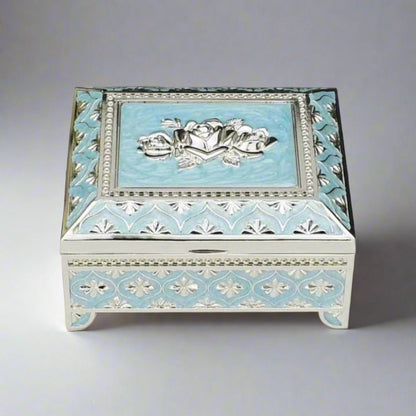 Decorative Sky Blue Enamel Jewelry Box – Floral Design