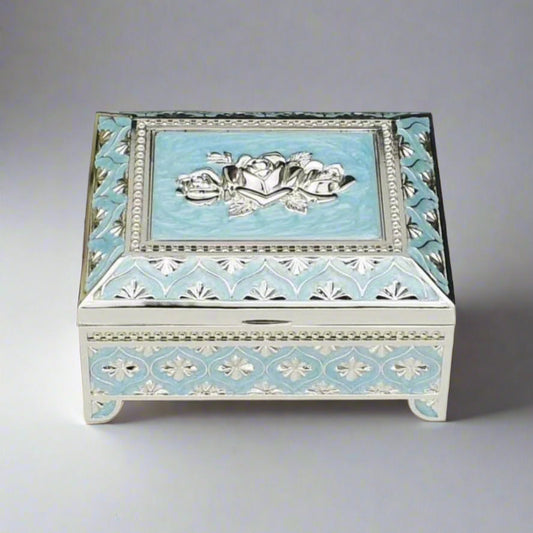 Decorative Sky Blue Enamel Jewelry Box – Floral Design