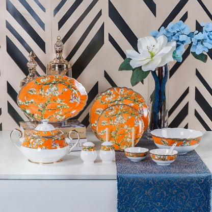 Classic Orange Blossom Porcelain Dinner Set – 37 Pieces, Premium Vegan Tableware