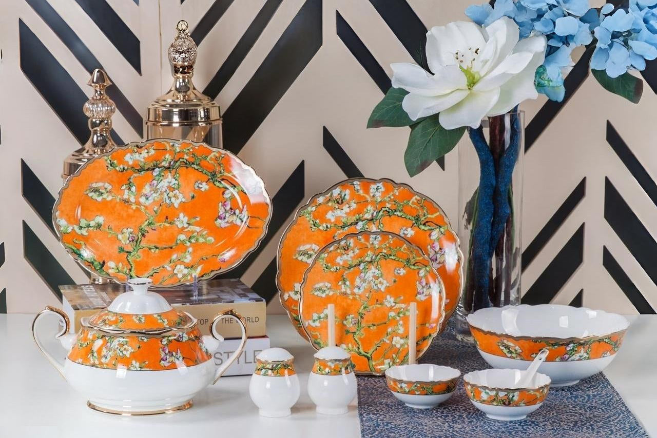 Classic Orange Blossom Porcelain Dinner Set – 37 Pieces, Premium Vegan Tableware