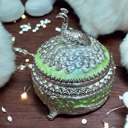Enamel Peacock Sugar Pot / Candy Box / Dry Fruit Box With Lid - Green