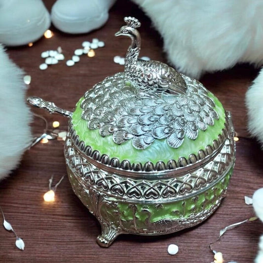 Enamel Peacock Sugar Pot / Candy Box / Dry Fruit Box With Lid - Green