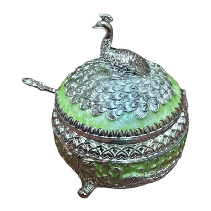 Enamel Peacock Sugar Pot / Candy Box / Dry Fruit Box With Lid - Green