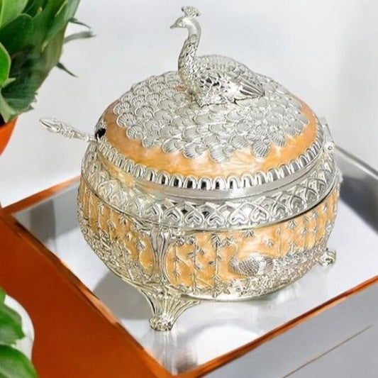 Enamel Peacock Sugar Pot / Candy Box / Dry Fruit Box With Lid - Peach