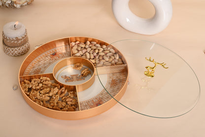 Royal Revolving Dry Fruit Platter with Glass Lid – Luxury Gold Serveware for Festive Gifting
