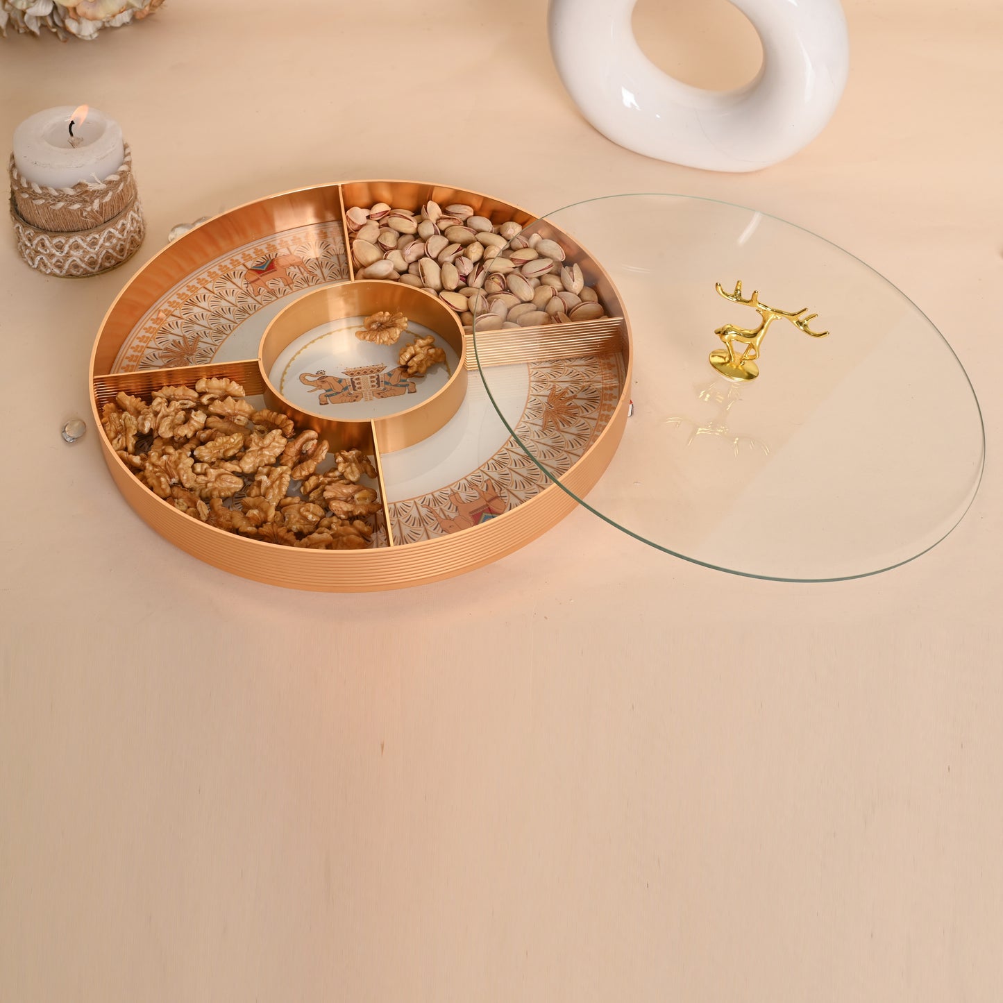 Royal Revolving Dry Fruit Platter with Glass Lid – Luxury Gold Serveware for Festive Gifting