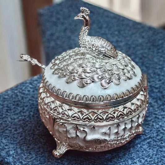 Enamel Peacock Sugar Pot / Candy Box / Dry Fruit Box With Lid - White