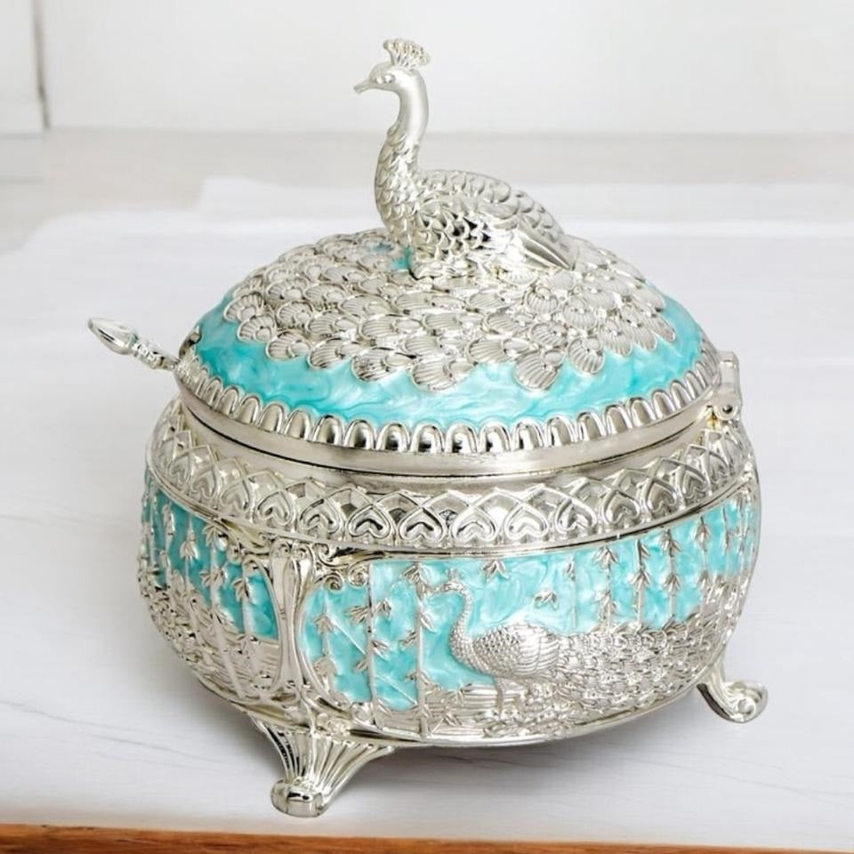 Enamel Peacock Sugar Pot / Candy Box / Dry Fruit Box With Lid - Blue