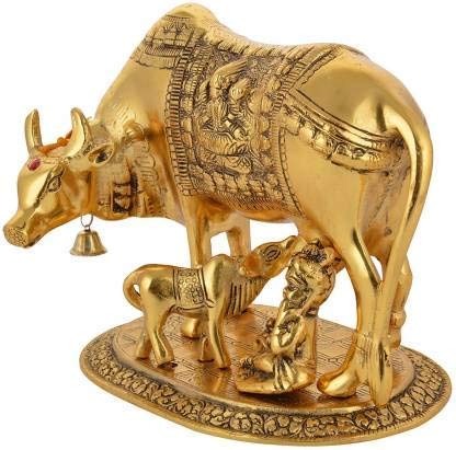 Oxidised Gold Finished Kamdhenu Cow & Calf Figurine Idol with Ladoo Gopal