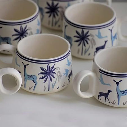 Ceramic Blue Deer Design Tea Cup Set With Kettle
