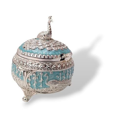 Enamel Peacock Sugar Pot / Candy Box / Dry Fruit Box With Lid - Blue