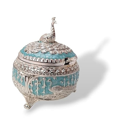 Enamel Peacock Sugar Pot / Candy Box / Dry Fruit Box With Lid - Blue