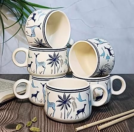 Ceramic Blue Deer Design Tea Cup Set With Kettle