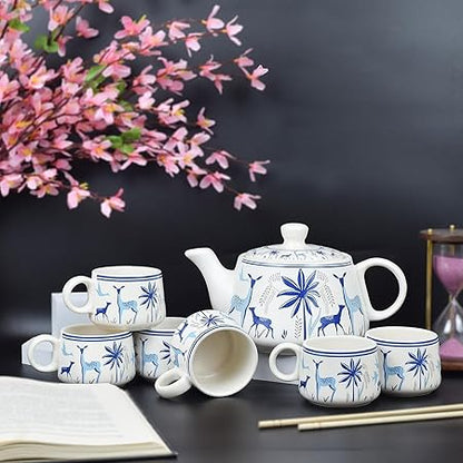 Ceramic Blue Deer Design Tea Cup Set With Kettle