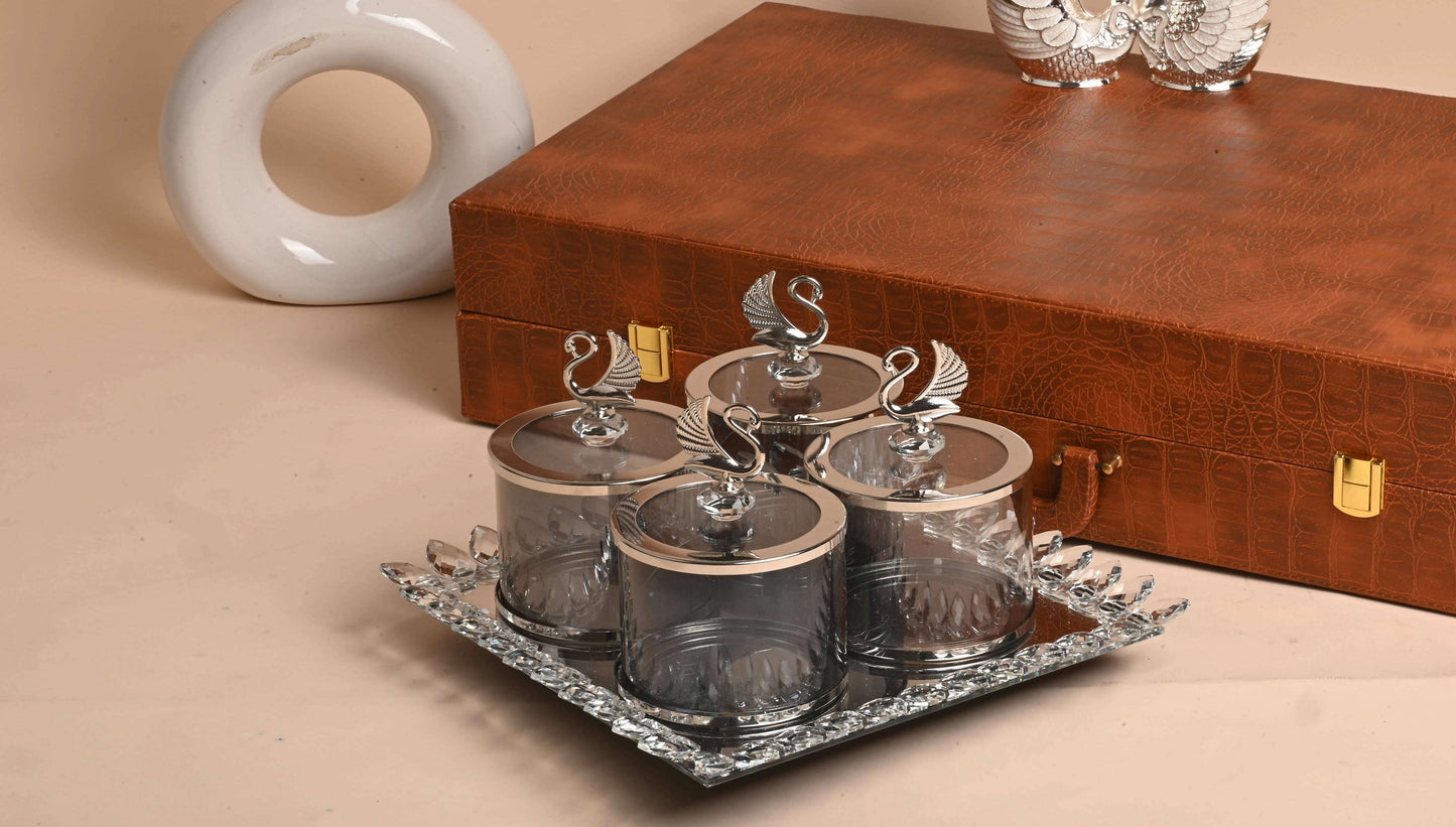 Sworovskii Crystal Dry Fruit Jar Set – Luxury Glass Containers with Decorative Tray