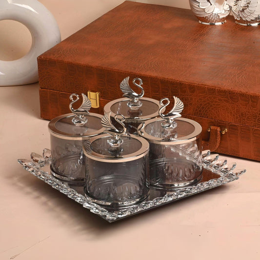 Sworovskii Crystal Dry Fruit Jar Set – Luxury Glass Containers with Decorative Tray