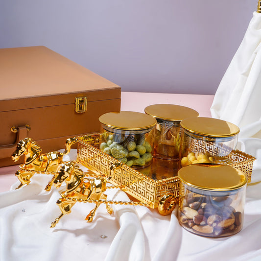 Elegant Gold Dry Fruit Serving Platter with Jars — Luxury Gift Tray