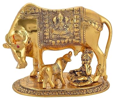Oxidised Gold Finished Kamdhenu Cow & Calf Figurine Idol with Ladoo Gopal