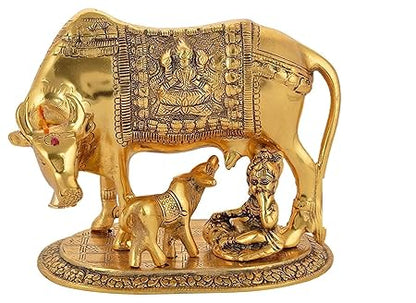 Oxidised Gold Finished Kamdhenu Cow & Calf Figurine Idol with Ladoo Gopal