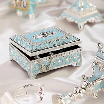 Decorative Sky Blue Enamel Jewelry Box – Floral Design