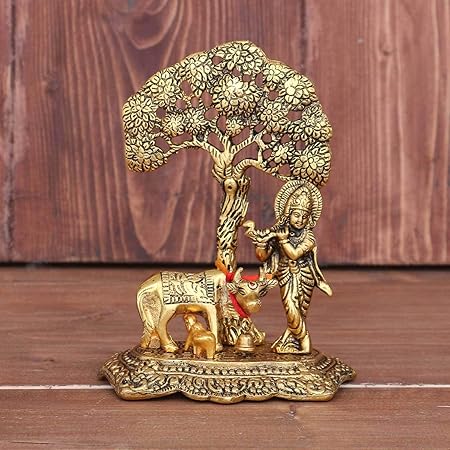 Metal Krishna with Cow Standing Under Tree Playing Flute
