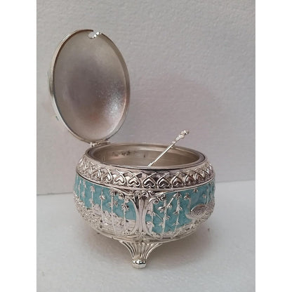 Enamel Peacock Sugar Pot / Candy Box / Dry Fruit Box With Lid - Blue