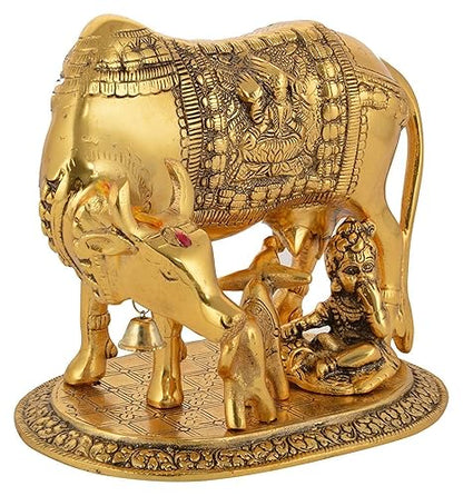 Oxidised Gold Finished Kamdhenu Cow & Calf Figurine Idol with Ladoo Gopal
