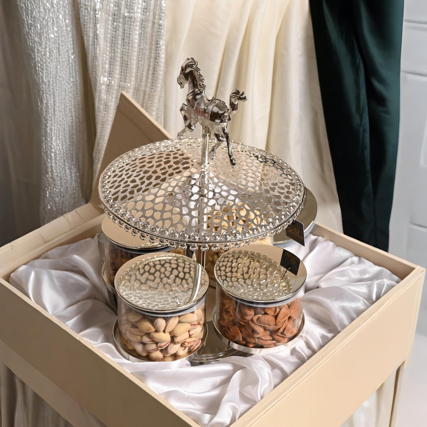 Revolving Silver Multi-Jar Serving Platter — Luxury Snack Tray