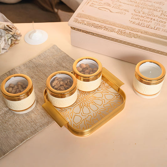 Golden Grace Dry Fruit Jar Set with Tray – Luxury Serveware for Festive Gifting