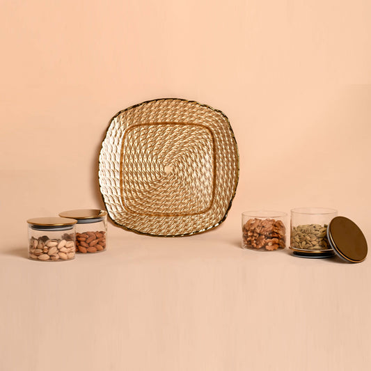 Elegant Golden Dry Fruit Serving Platter with Jars — Luxury Gift Tray