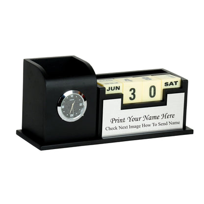 Wooden Pen Stand With Clock and Wooden Calendar