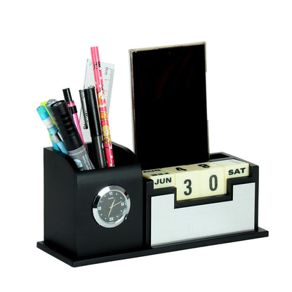 Wooden Pen Stand With Clock and Wooden Calendar