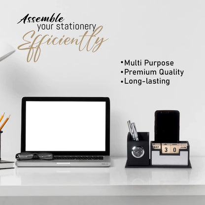 Wooden Pen Stand With Clock and Wooden Calendar