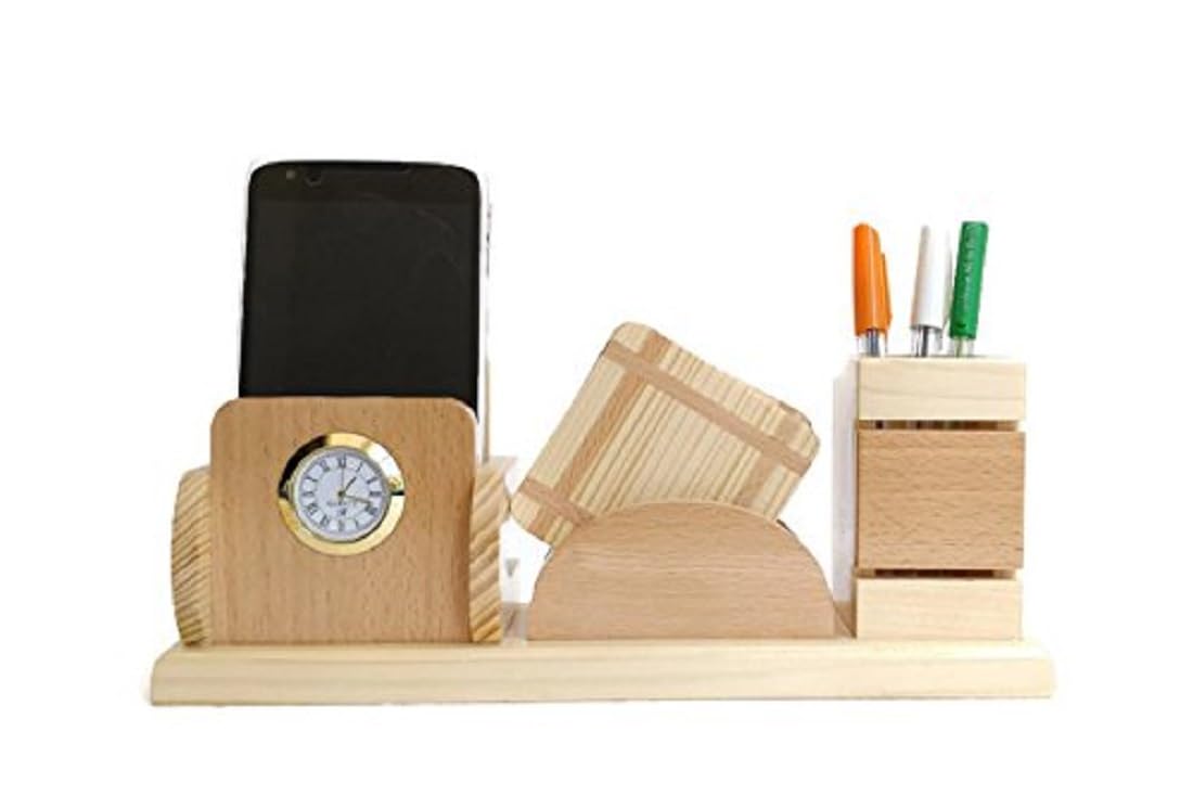Wooden Pen Stand with Clock, Card or Mobile Holder and Tea Coasters