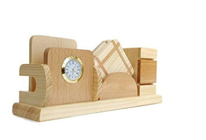 Wooden Pen Stand with Clock, Card or Mobile Holder and Tea Coasters