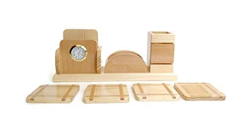 Wooden Pen Stand with Clock, Card or Mobile Holder and Tea Coasters