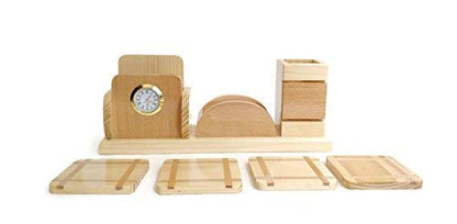 Wooden Pen Stand with Clock, Card or Mobile Holder and Tea Coasters