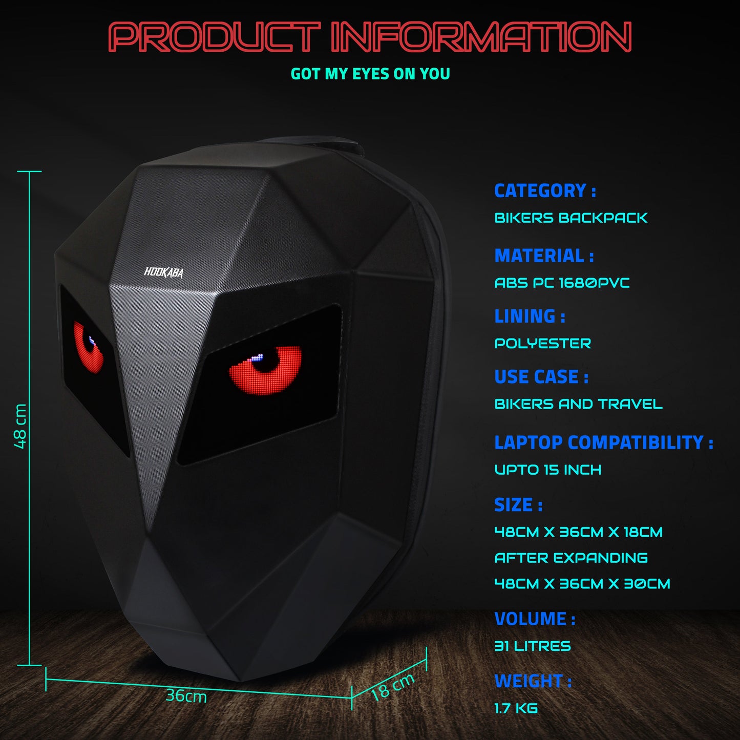 Hookaba Eye Rover Expandable LED Backpack – 31 L | Smart Display | IPX5 Water Resistant (With Power Bank)