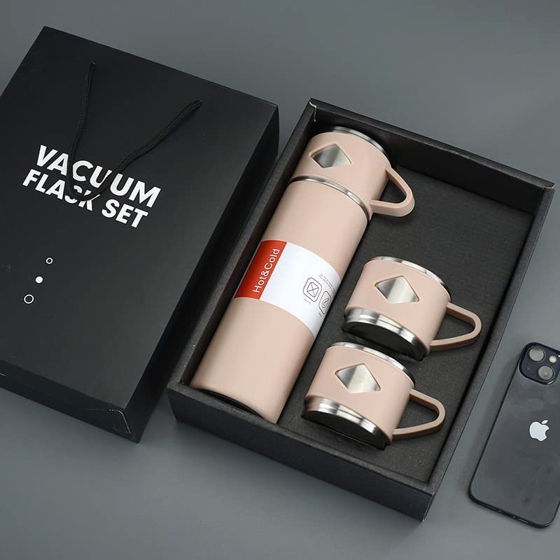 Double Wall Stainless Steel Vacuum Insulated Bottle with Two Cups - 500 ml