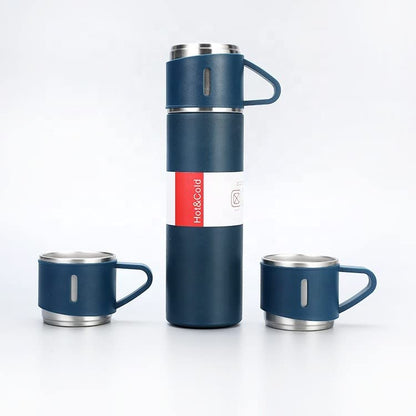 Double Wall Stainless Steel Vacuum Insulated Bottle with Two Cups - 500 ml