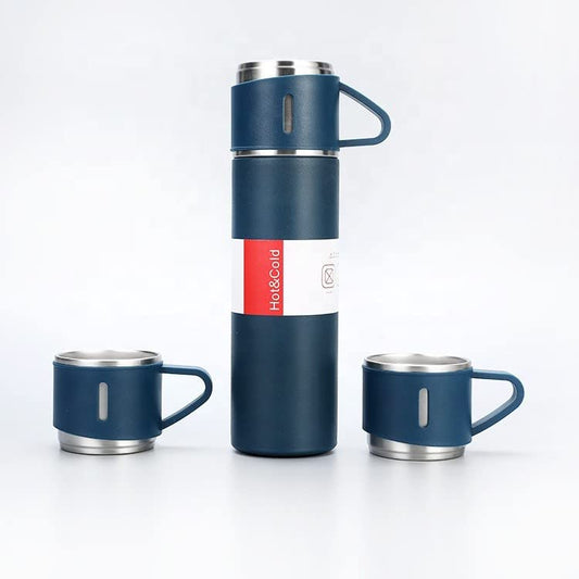 Double Wall Stainless Steel Vacuum Insulated Bottle with Two Cups - 500 ml