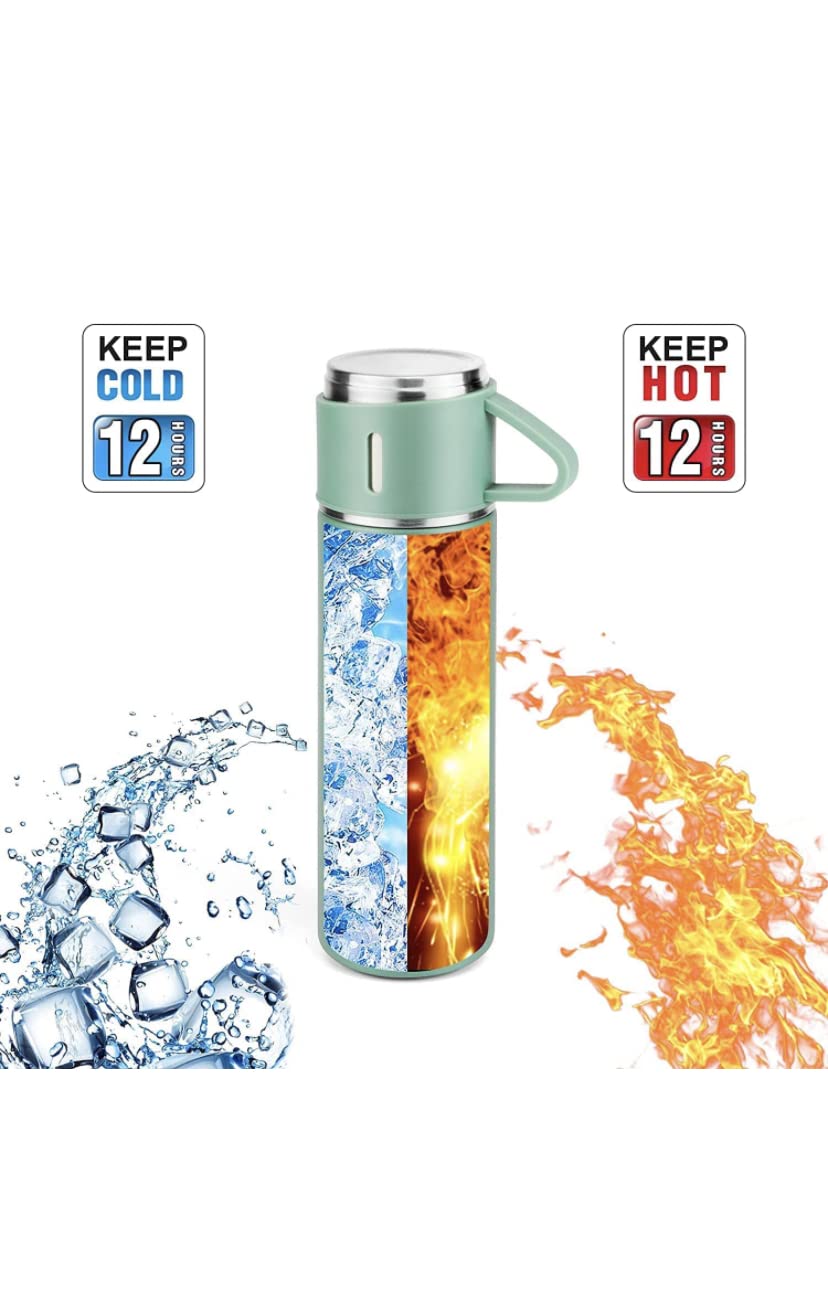Double Wall Stainless Steel Vacuum Insulated Bottle with Two Cups - 500 ml