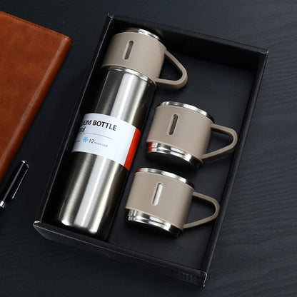 Double Wall Stainless Steel Vacuum Insulated Bottle with Two Cups - 500 ml