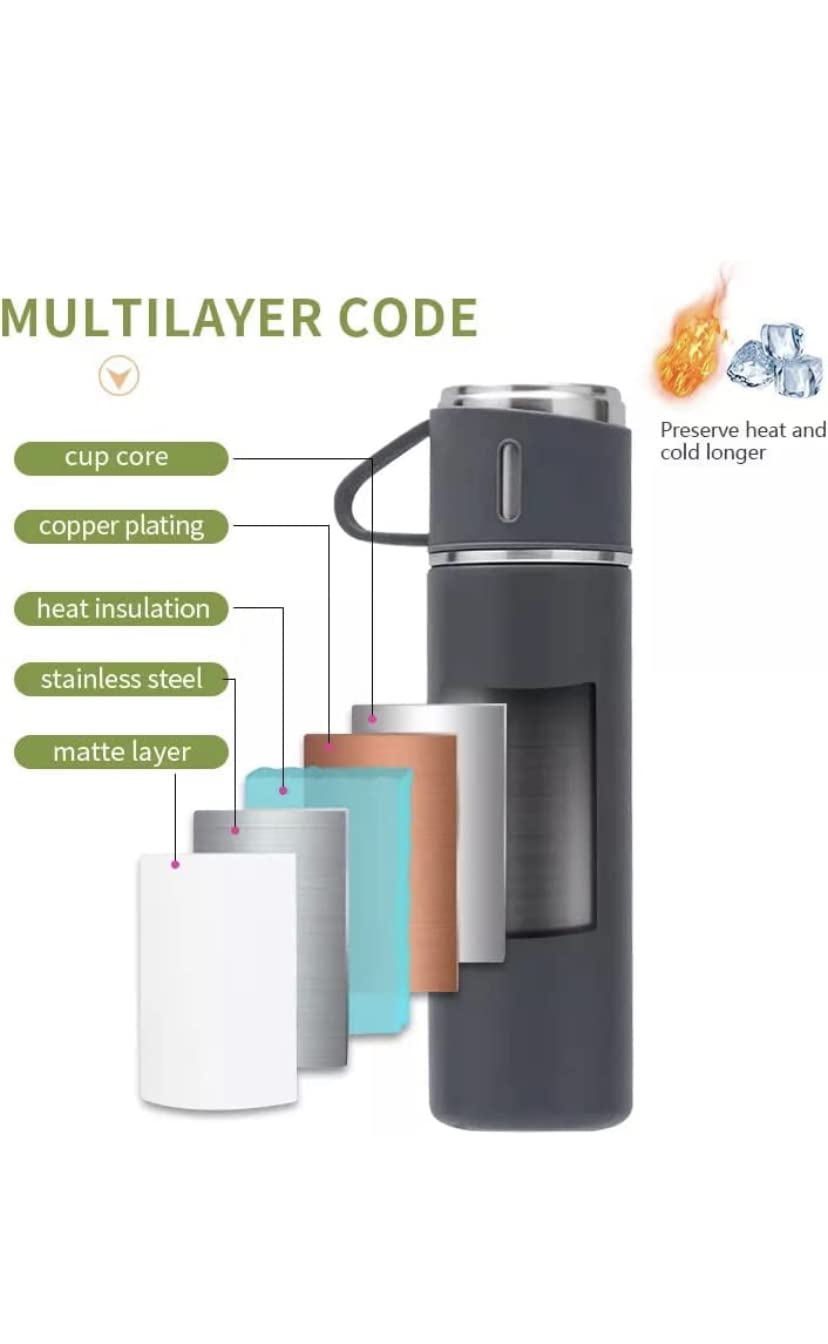 Double Wall Stainless Steel Vacuum Insulated Bottle with Two Cups - 500 ml