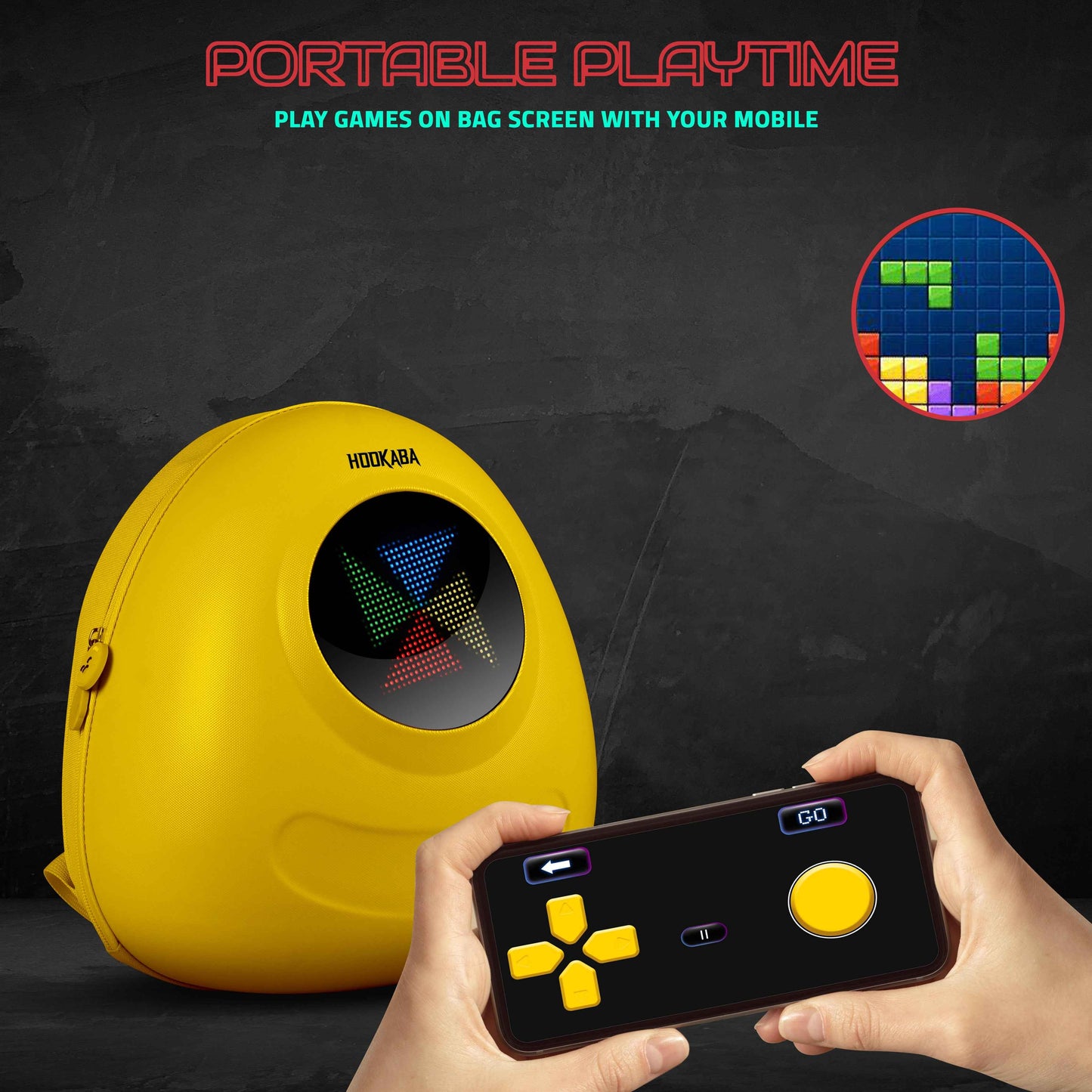 Hookaba GlowBuddy LED Kids Backpack (Yellow) | Kids Smart Bag with App-Controlled Light-Up Display (With Power Bank)