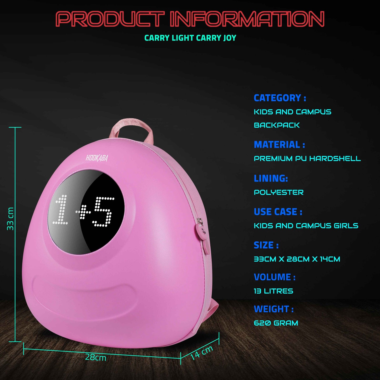 Hookaba GlowBuddy LED Kids Backpack (Pink) | Kids Smart Bag with App-Controlled Light-Up Display (With Power Bank)