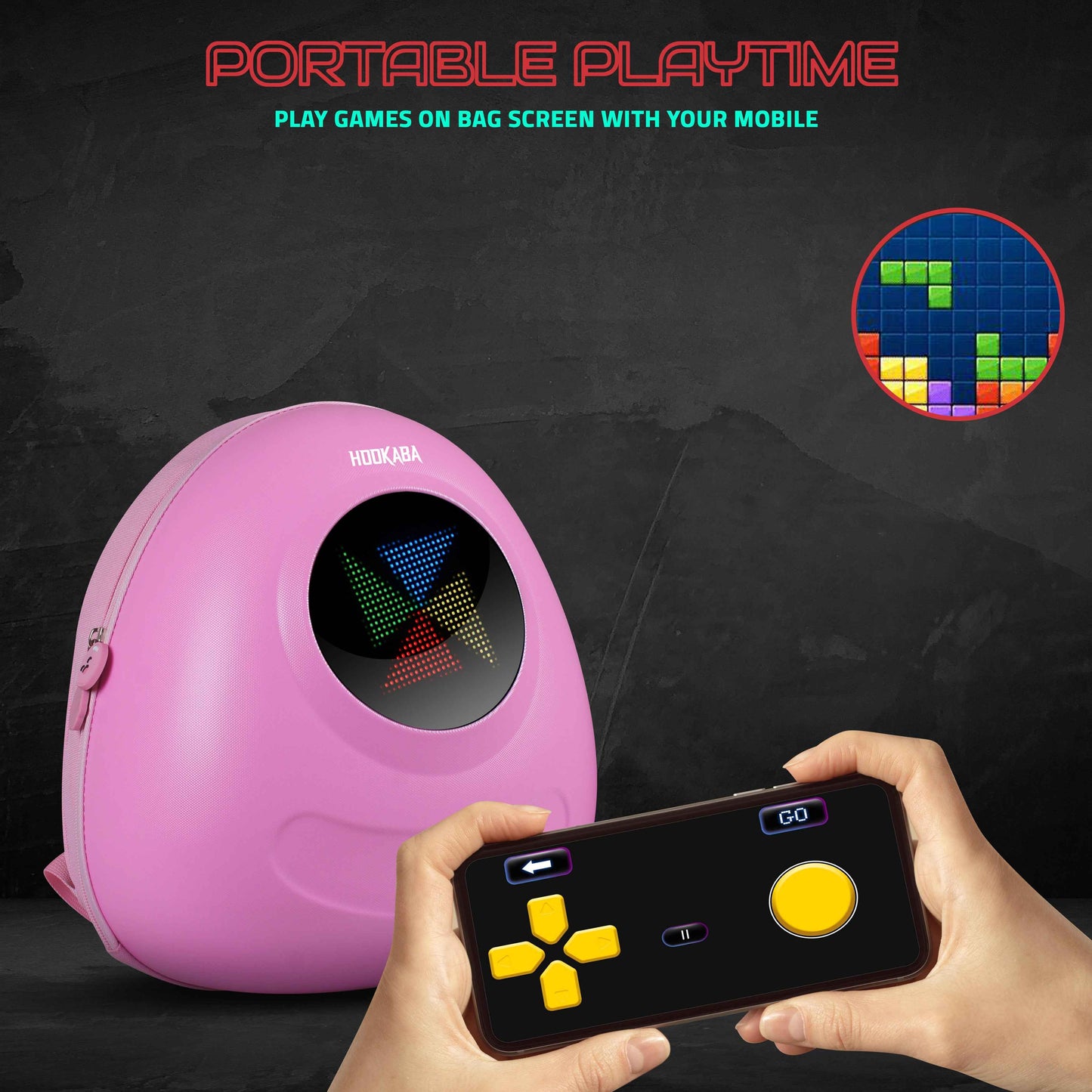 Hookaba GlowBuddy LED Kids Backpack (Pink) | Kids Smart Bag with App-Controlled Light-Up Display (With Power Bank)