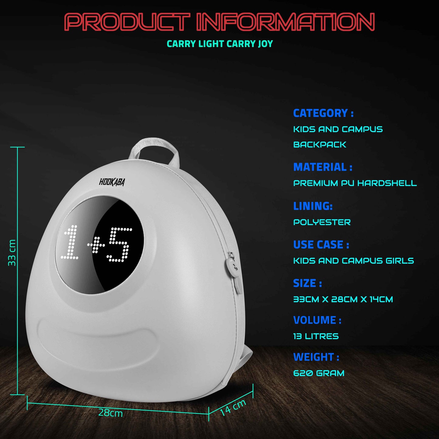 Hookaba GlowBuddy LED Kids Backpack (White) | Kids Smart Bag with App-Controlled Light-Up Display (With Power Bank)