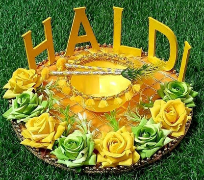 Handmade Round Haldi Platter with Yellow & Green Floral Décor